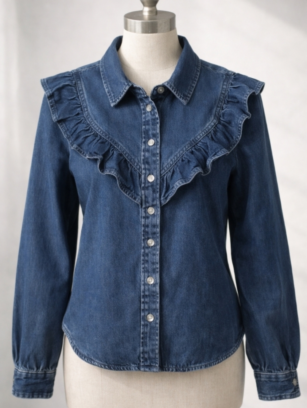 American Eagle Ruffle Denim Western Shirt Medium Wash XXS